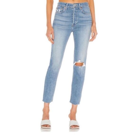 RE/DONE NWT High Rise Ankle Crop Jeans in Worn Blue Destroy Size 29 - Picture 1 of 8